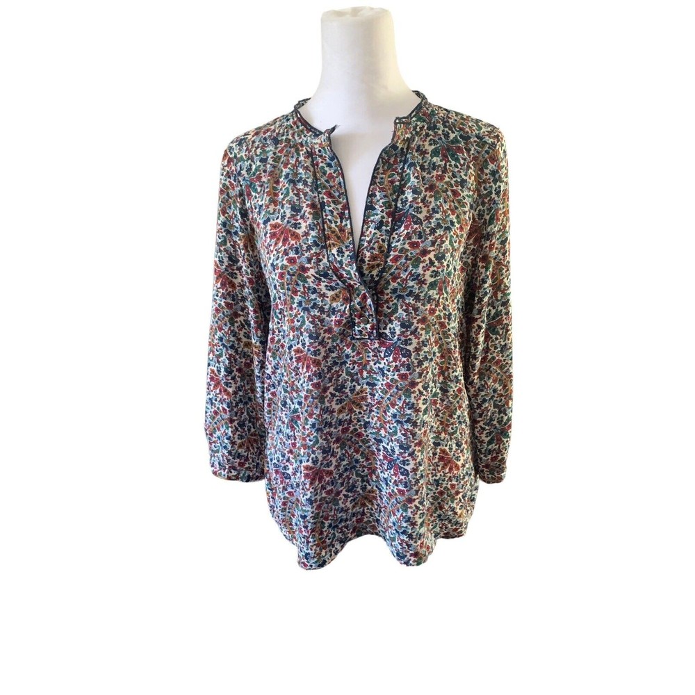 Zara Basic Boho Floral Navy Blue Red Gold Green Popover Blouse Top Shirt Size M